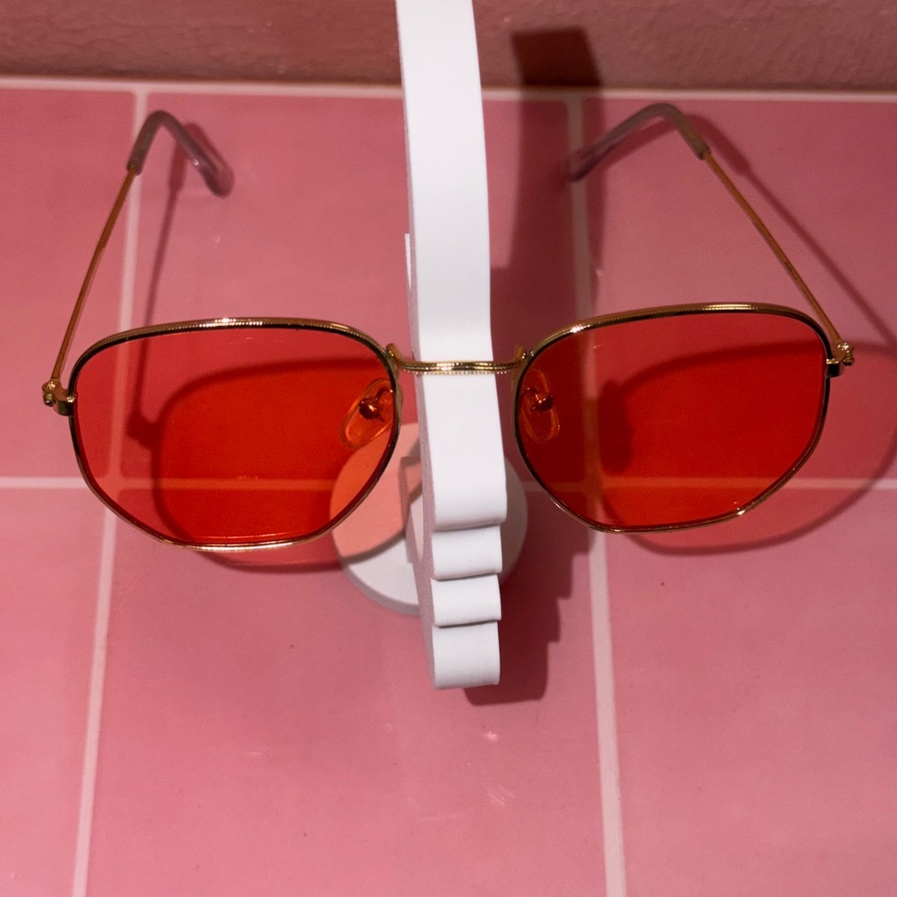 Gold Frame Red Tinted Lens Sunglasses Geometric Retro Aviator Style Case